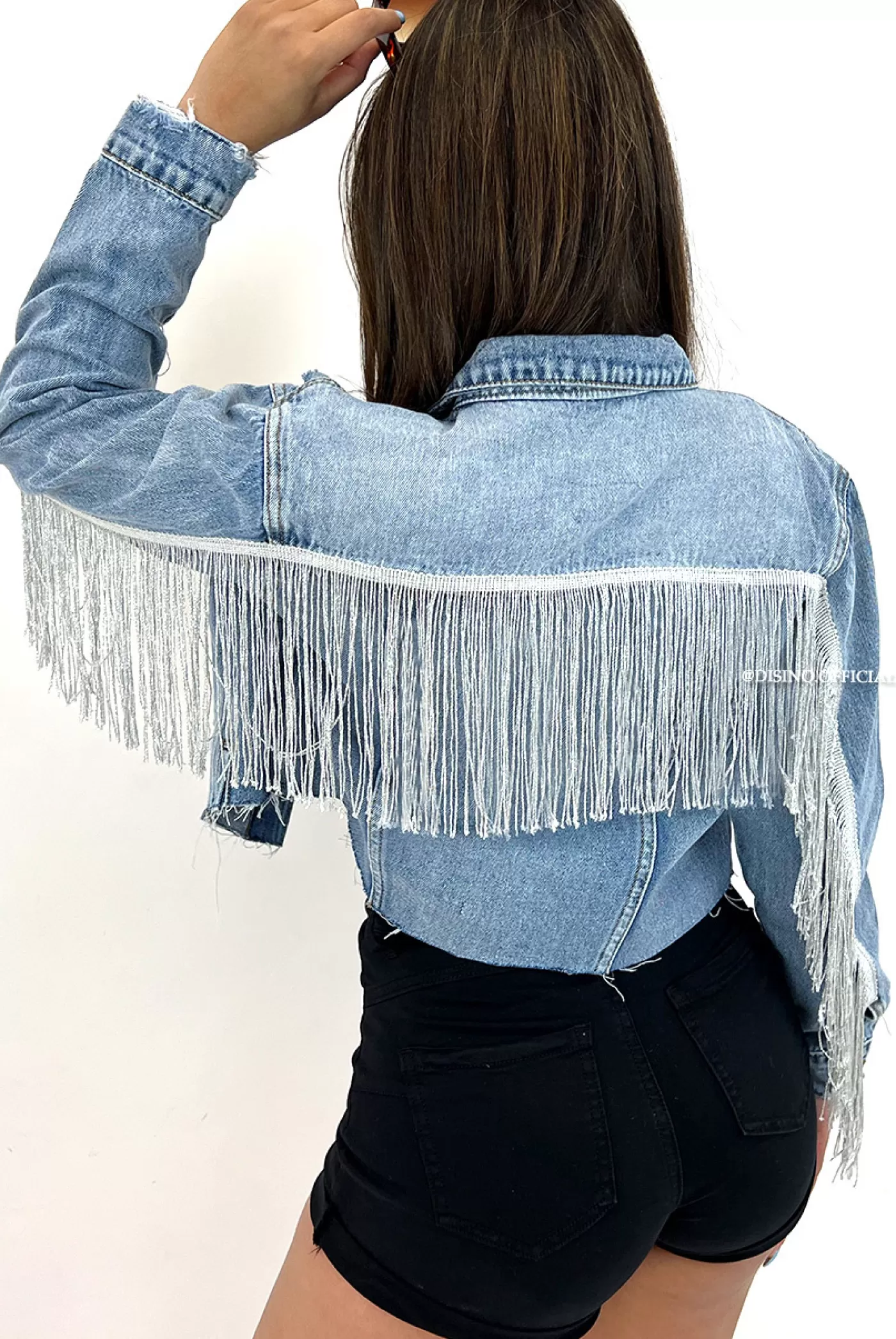 DISINO Light Blue - 'Coachella Jacket' - Fringe Ripped Denim Jacket | Vrouw Clothing