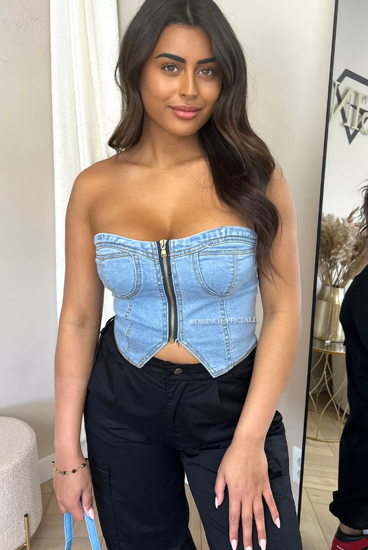 DISINO Light Blue - 'Kiki Corset' - Zipper Stretch Denim Corset Top | Vrouw Tops