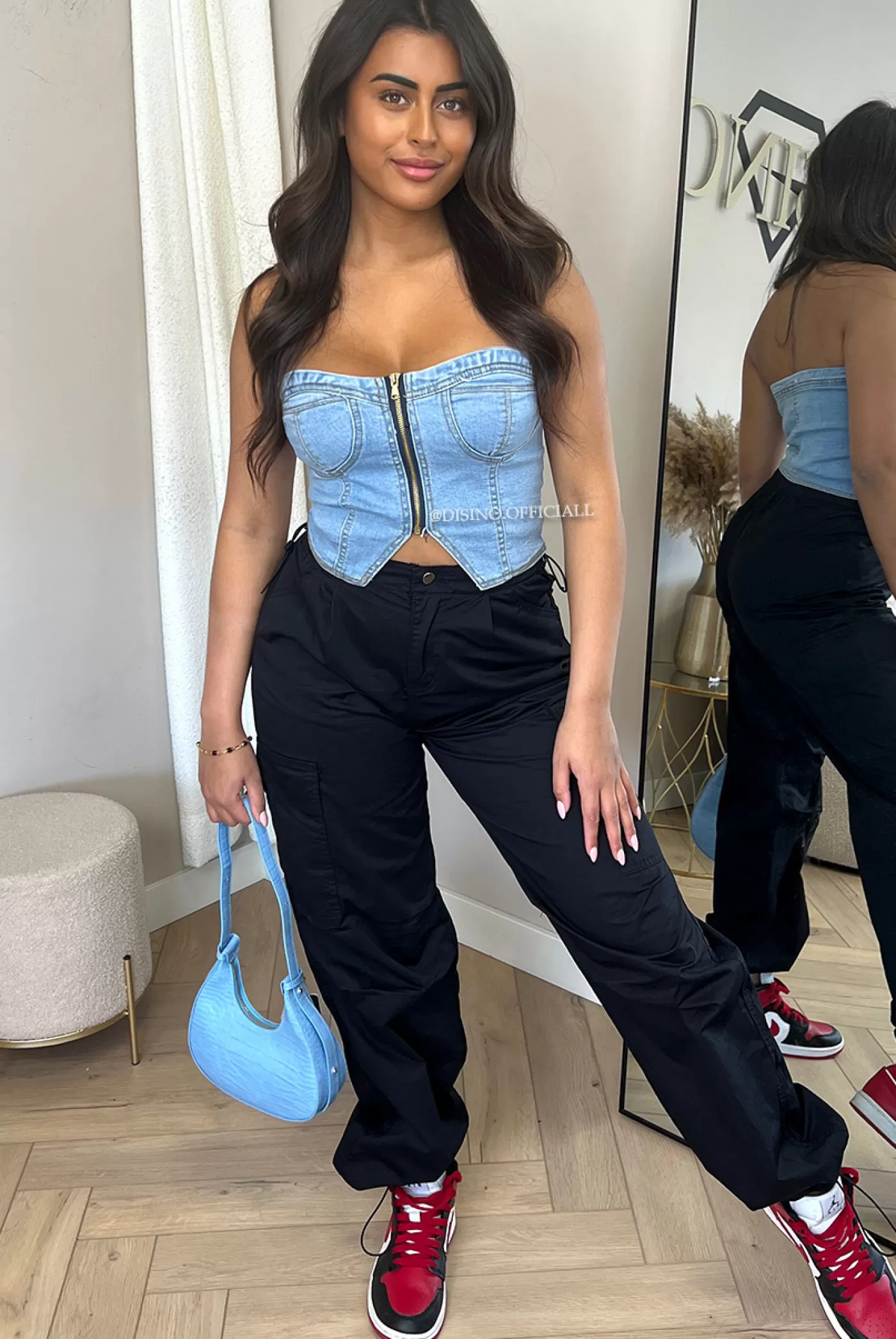 DISINO Light Blue - 'Kiki Corset' - Zipper Stretch Denim Corset Top | Vrouw Tops