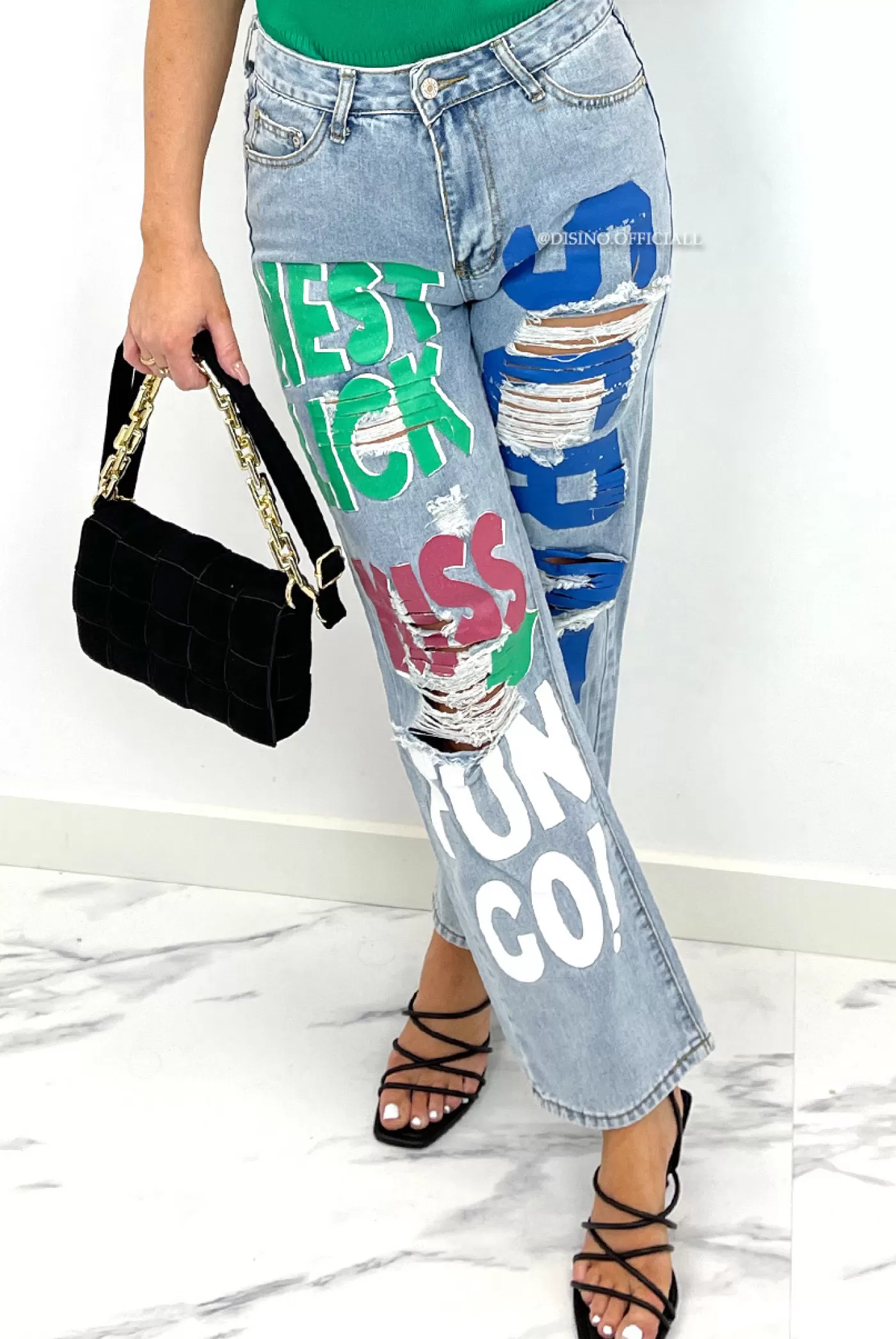 DISINO Light Blue - 'Loua' - Ripped Graffiti Straight Leg Jeans | Vrouw Jeans