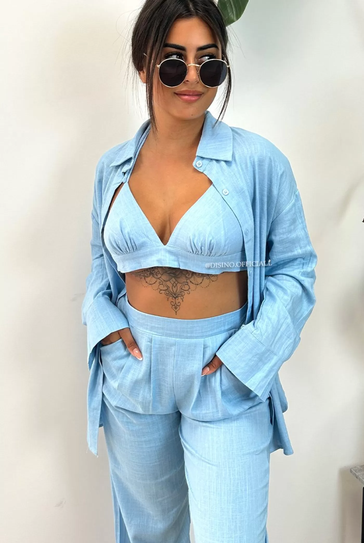 DISINO Light Blue - 'Sienna Long' - Linnen 3 Piece Pants + Blouse Set | Vrouw Two Piece Set & Loungewear