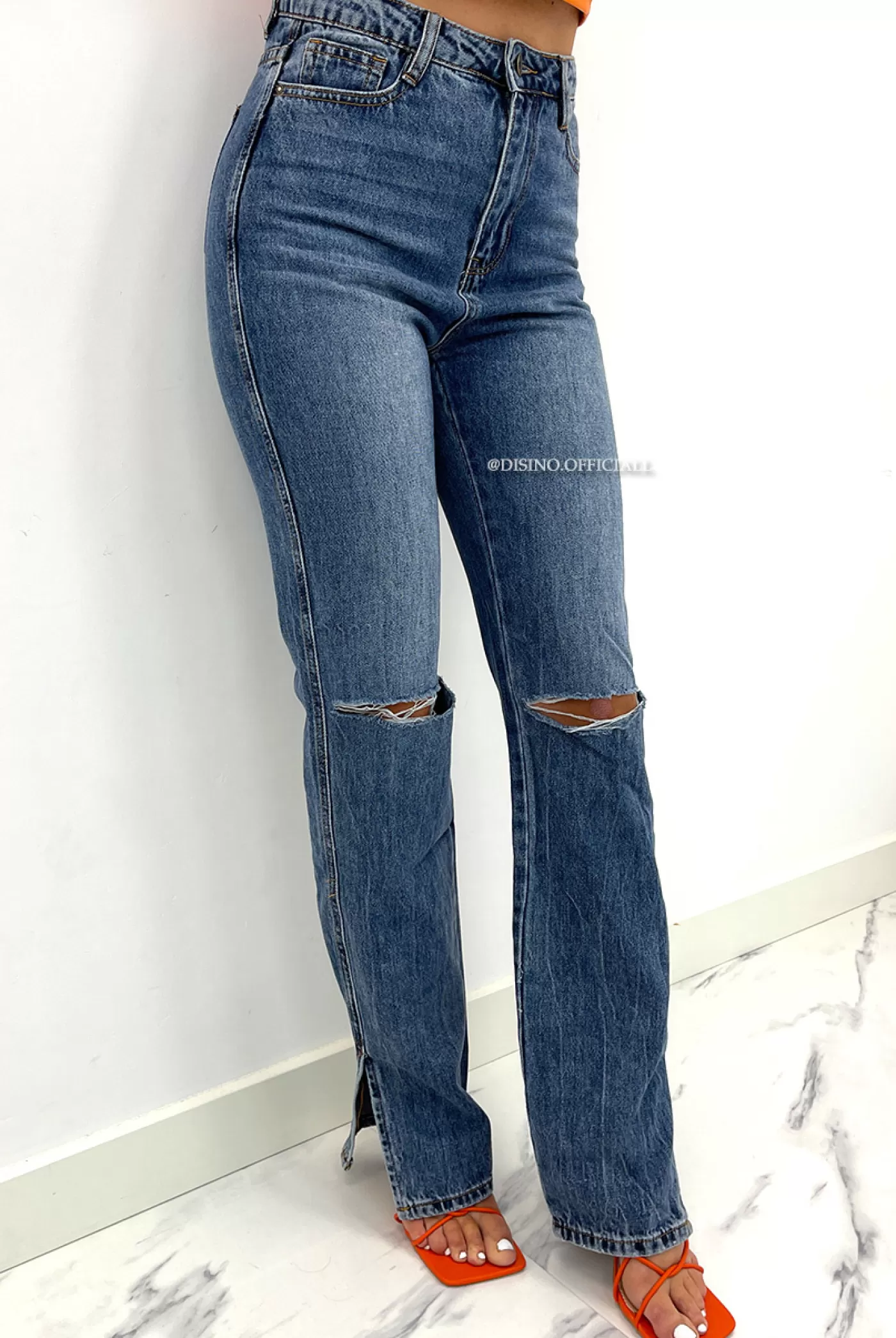 DISINO Medium Blue - 'Manila' - High Waist Ripped Knee Extra Long Straight Leg Jeans - 125 | Vrouw Jeans
