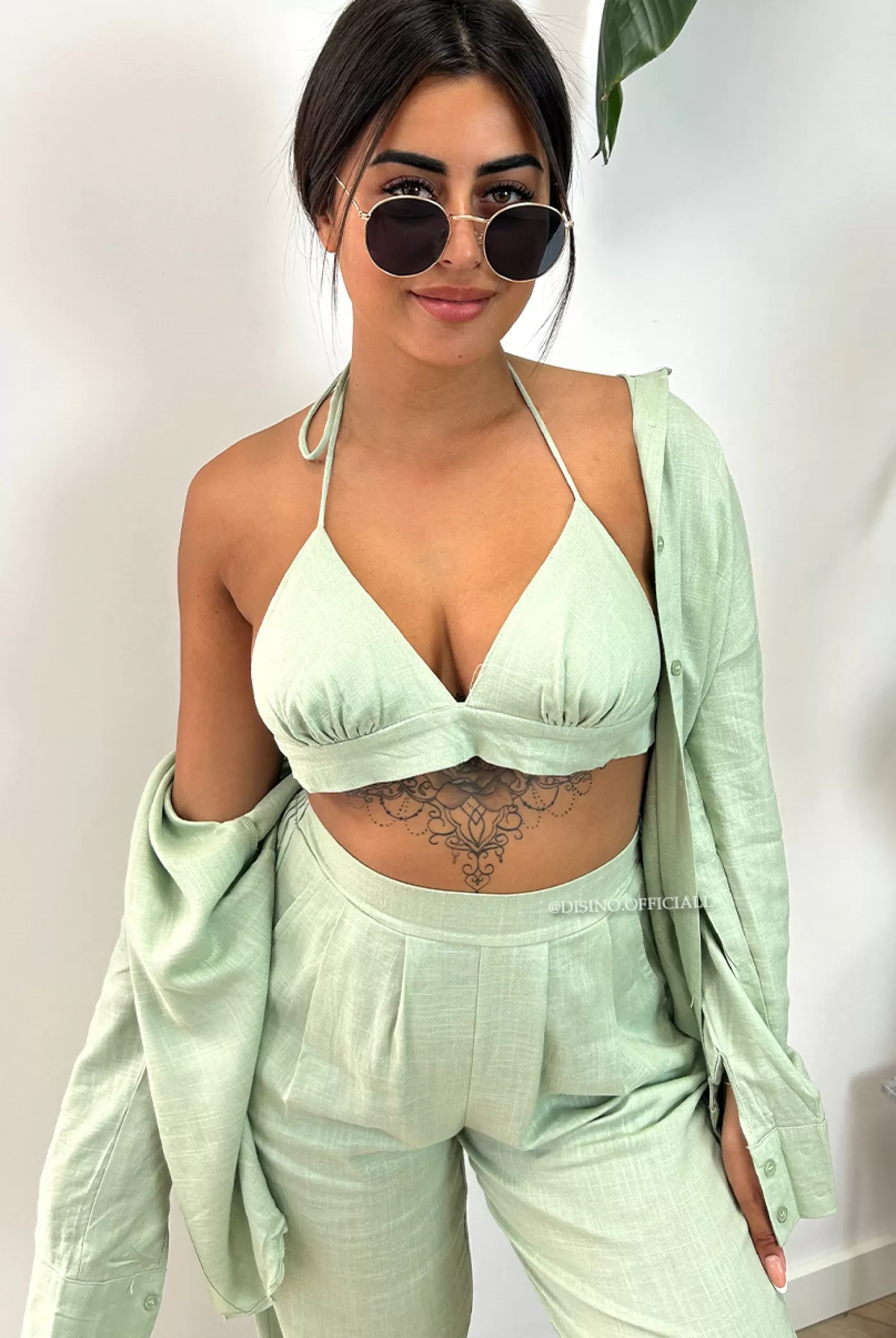 DISINO Mint Green - 'Sienna Long' - Linnen 3 Piece Pants + Blouse Set | Vrouw Two Piece Set & Loungewear