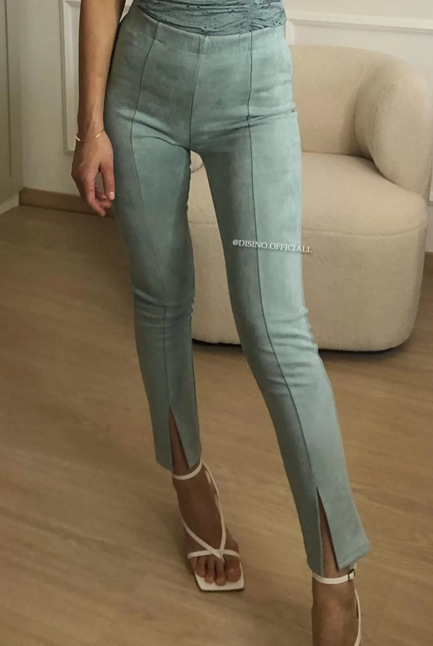 DISINO Mint Green - 'Suedine Ilona' - High Waist Suedine Look Split Pants | Vrouw Trousers & Pants