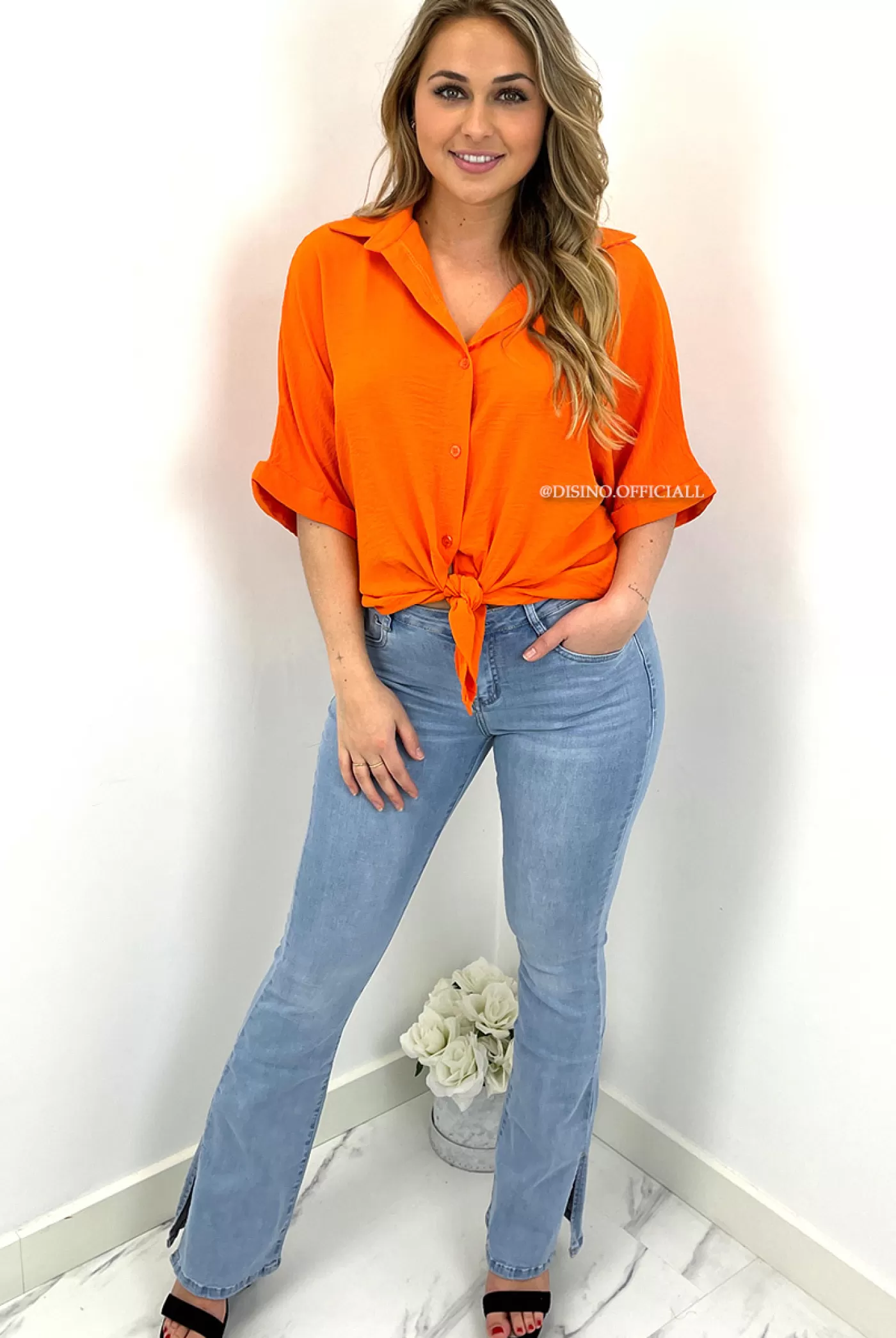 DISINO Orange - 'Ava Blouse' - Short Sleeve Oversized Knot Blouse | Vrouw Tops