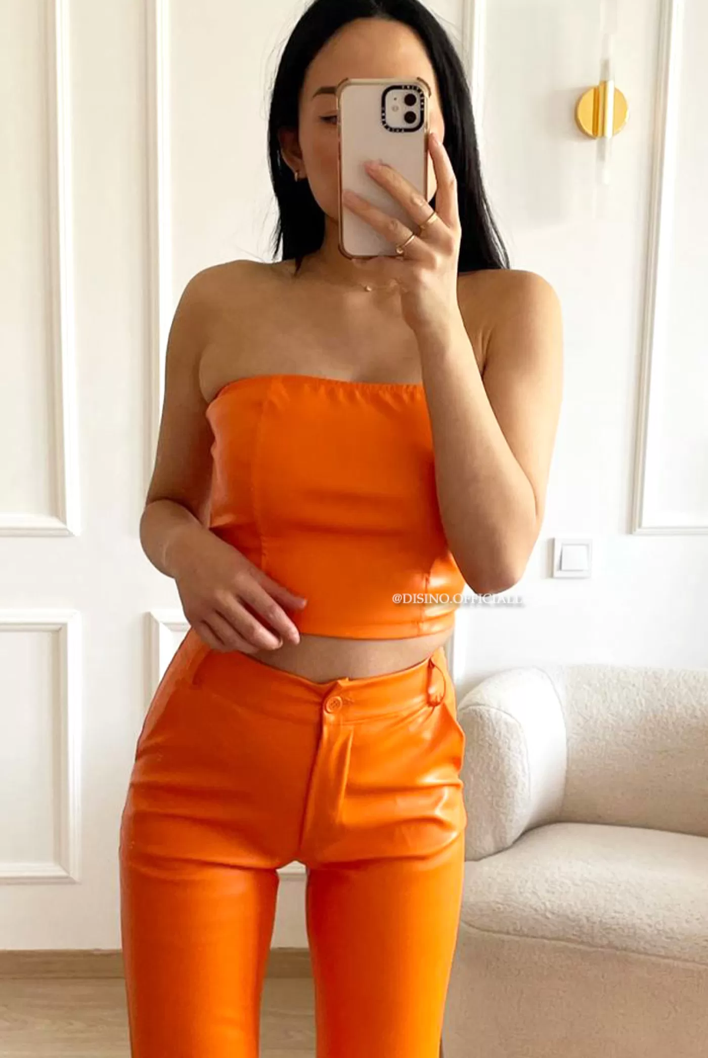 DISINO Orange - 'Skye' - High Waist Vegan Leather Straight Leg Pants | Vrouw Trousers & Pants