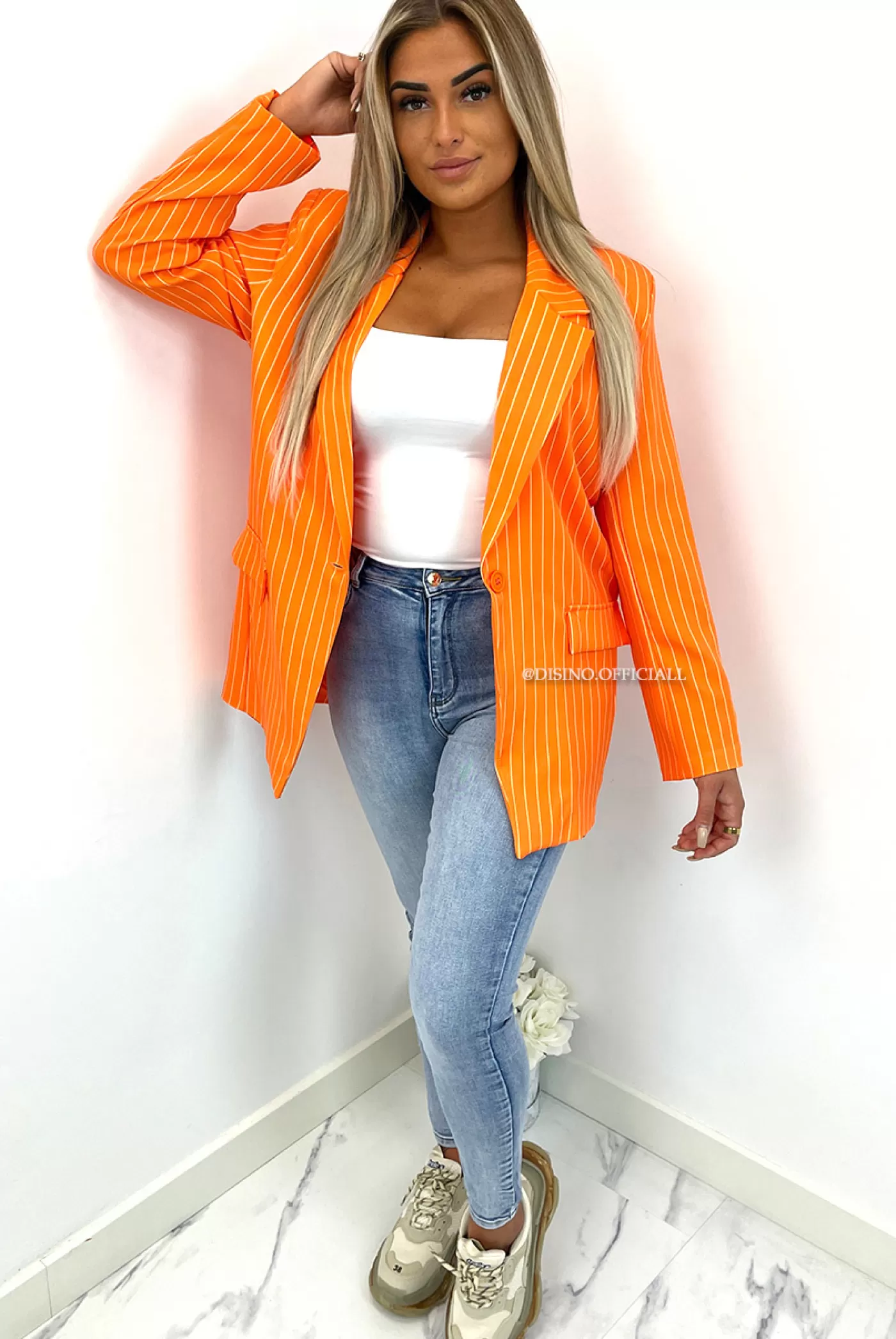 DISINO Orange - 'Yade Striped' - Oversized Chalk Striped Boyfriend Blazer | Vrouw Clothing