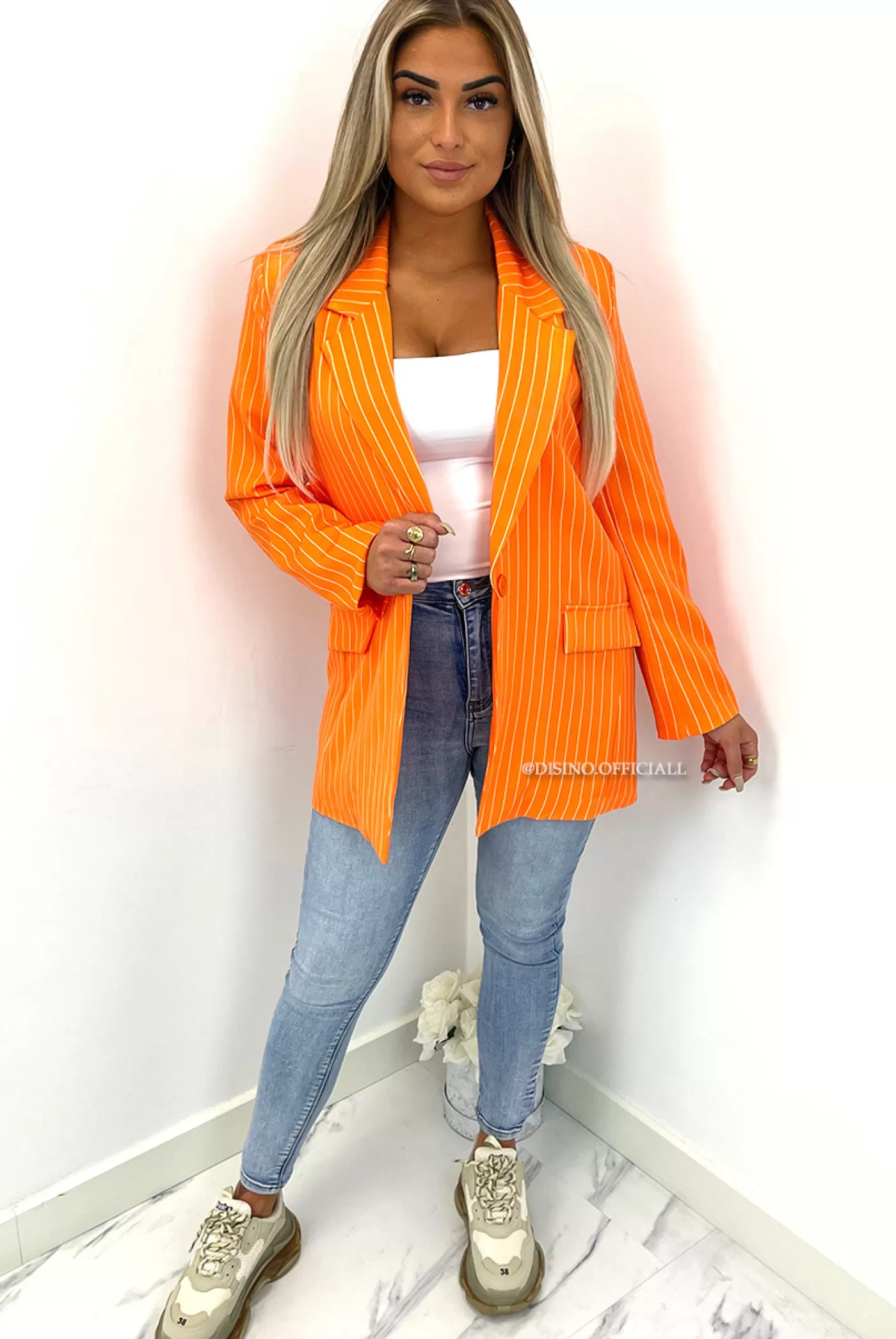 DISINO Orange - 'Yade Striped' - Oversized Chalk Striped Boyfriend Blazer | Vrouw Clothing