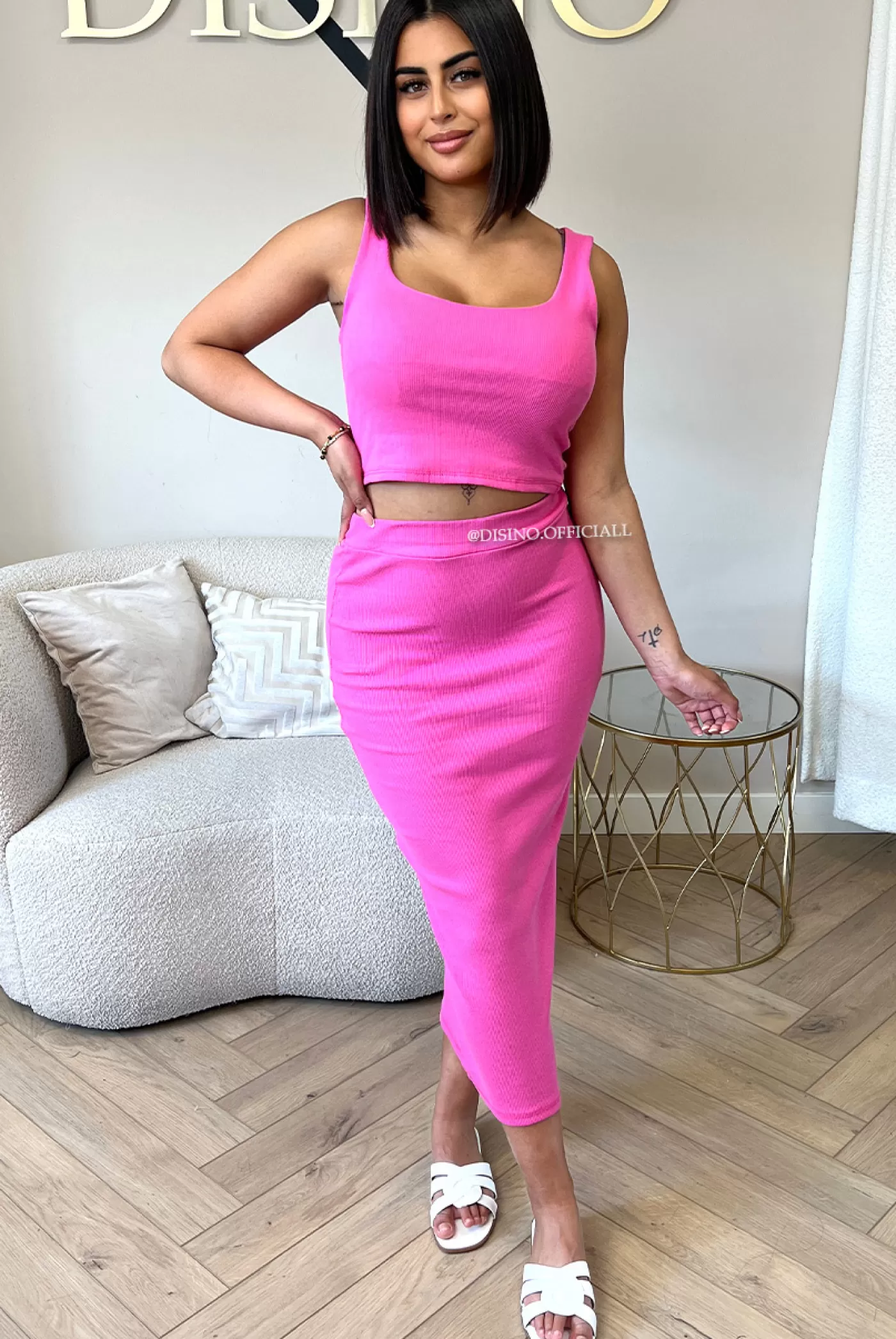 DISINO Pink - 'Alexia' - Ribbed Classy Two Piece Set | Vrouw Two Piece Set & Loungewear