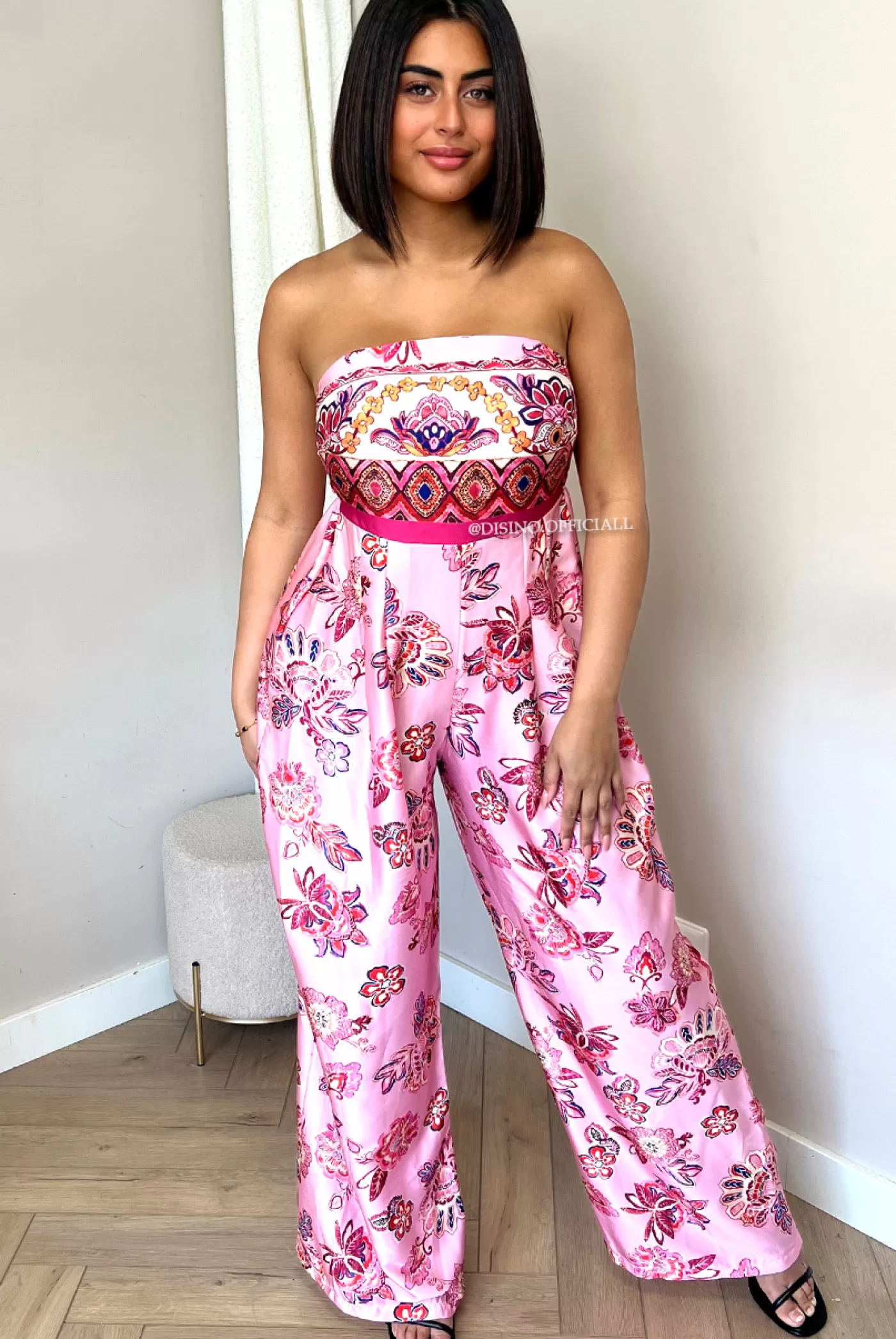 DISINO Pink - 'Allison' - Satin Floral Strapless Jumpsuit | Vrouw Jumpsuits & Playsuits