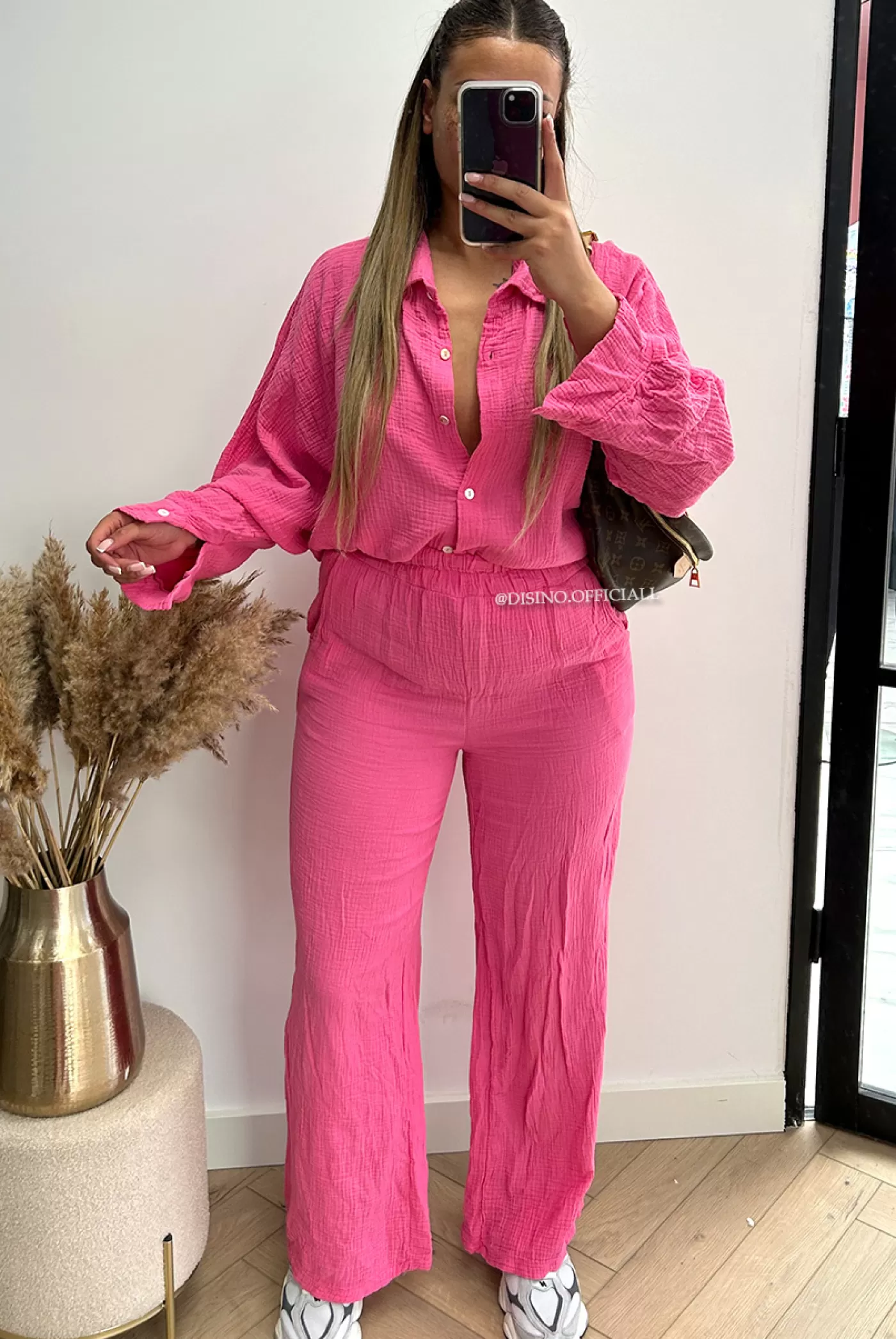 DISINO Pink - 'Nina Set' - Moesseline Waffle Cotton Blouse + Pants Set | Vrouw Two Piece Set & Loungewear