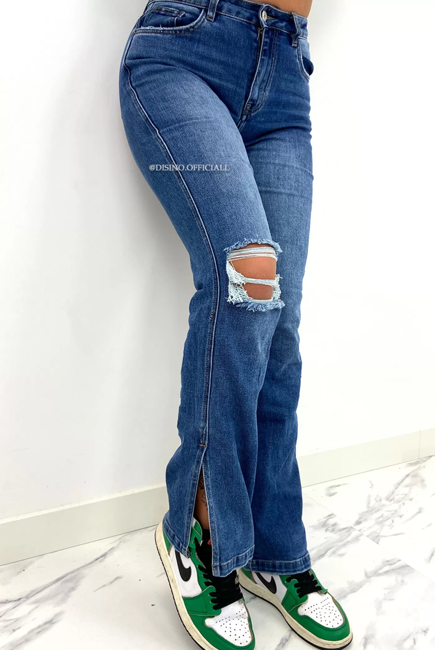 DISINO Queen Heart Jeans - Medium Blue - Stretch Ripped Knee Split Straight Leg Jeans - 868 | Vrouw Jeans