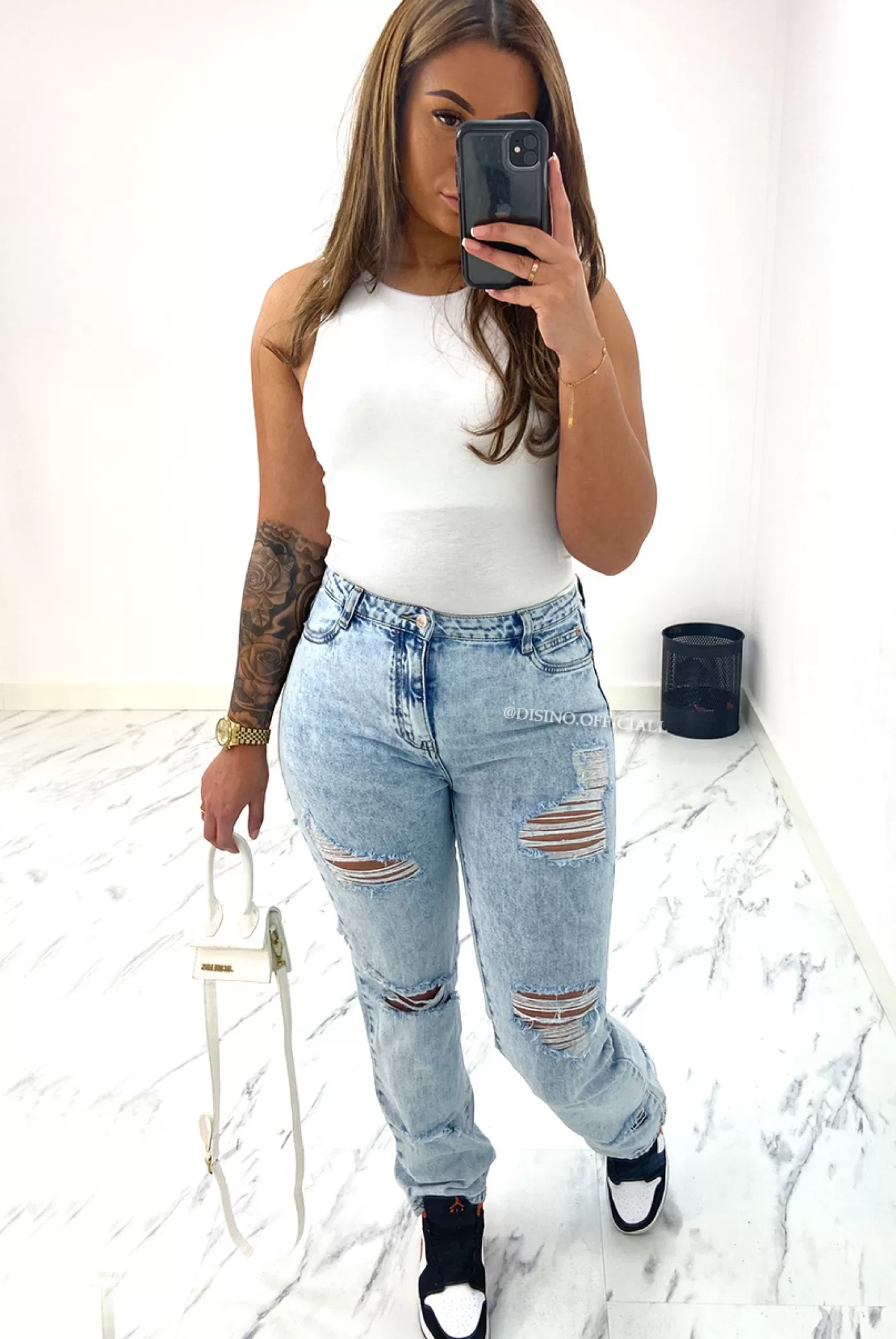 DISINO Queen Heart Jeans - White Wash Blue - Extreme Ripped Straight Fit Jeans | Vrouw Jeans
