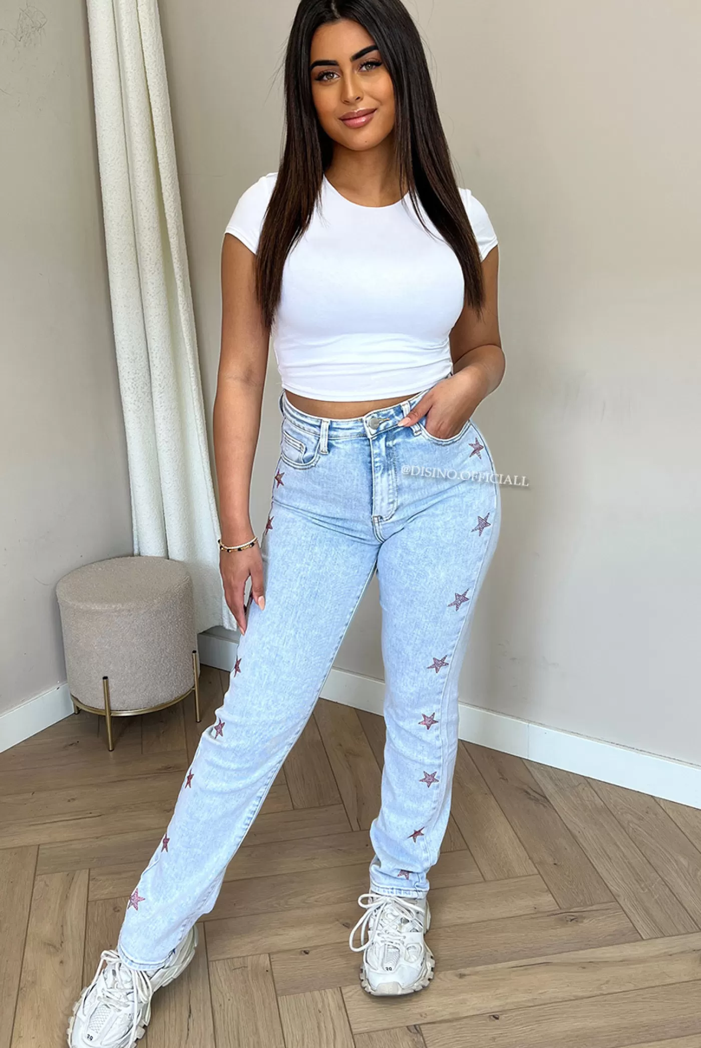 DISINO Red - 'Star Jeans' - Super Stretch Straight Leg Jeans With Stars | Vrouw Jeans