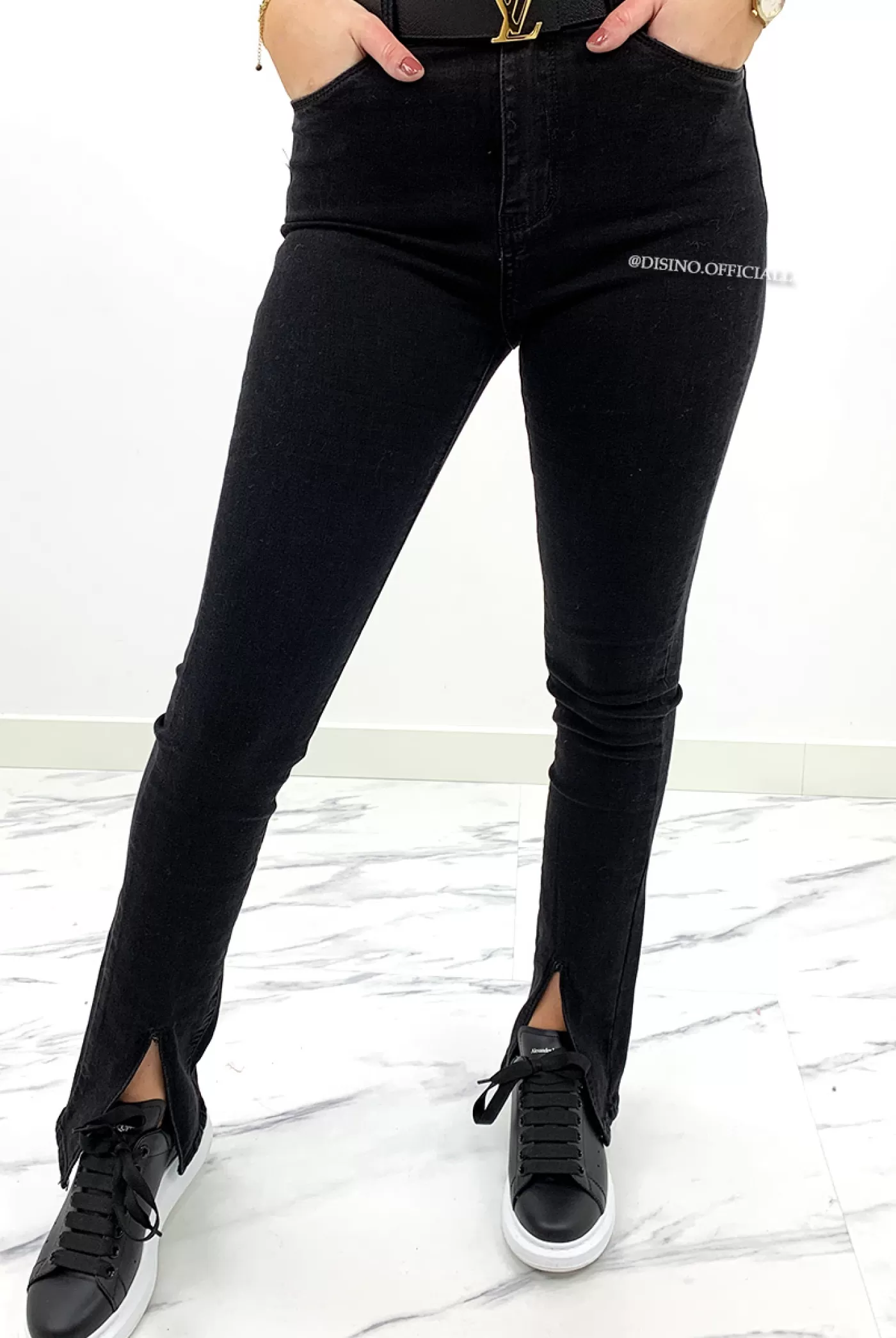 DISINO Redial - Black Denim - High Waist Skinny Jeans Front Split | Vrouw Jeans