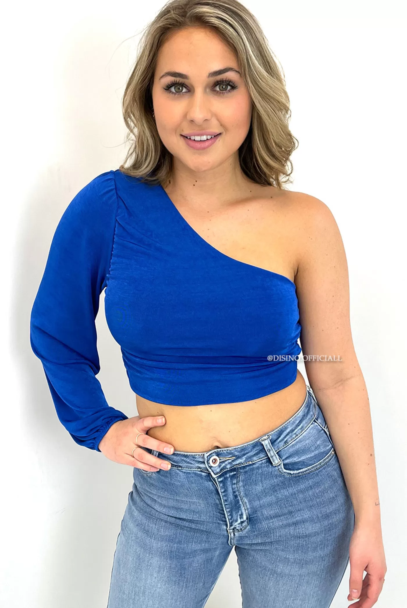 DISINO Royal Blue - 'Bliss V2' - Silky One Arm Cropped Top | Vrouw Tops