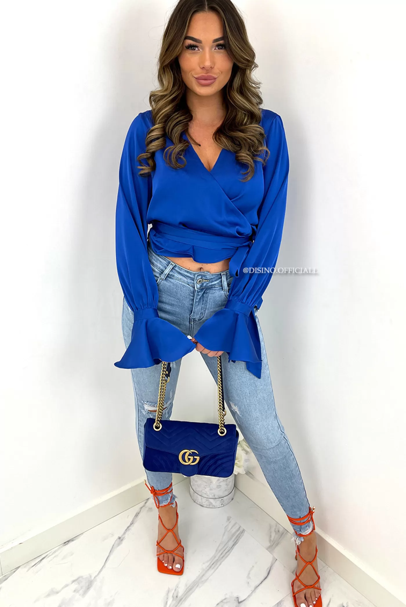 DISINO Royal Blue - 'Candice' - Premium Quality Satin Wrap On Blouse | Vrouw Blouses