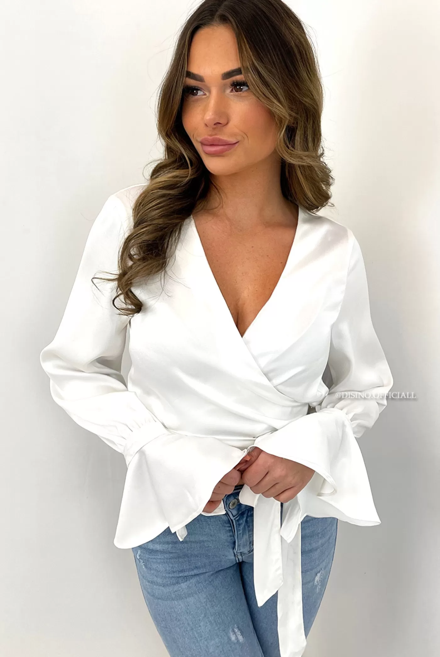 DISINO White - 'Candice' - Premium Quality Satin Wrap On Blouse | Vrouw Blouses