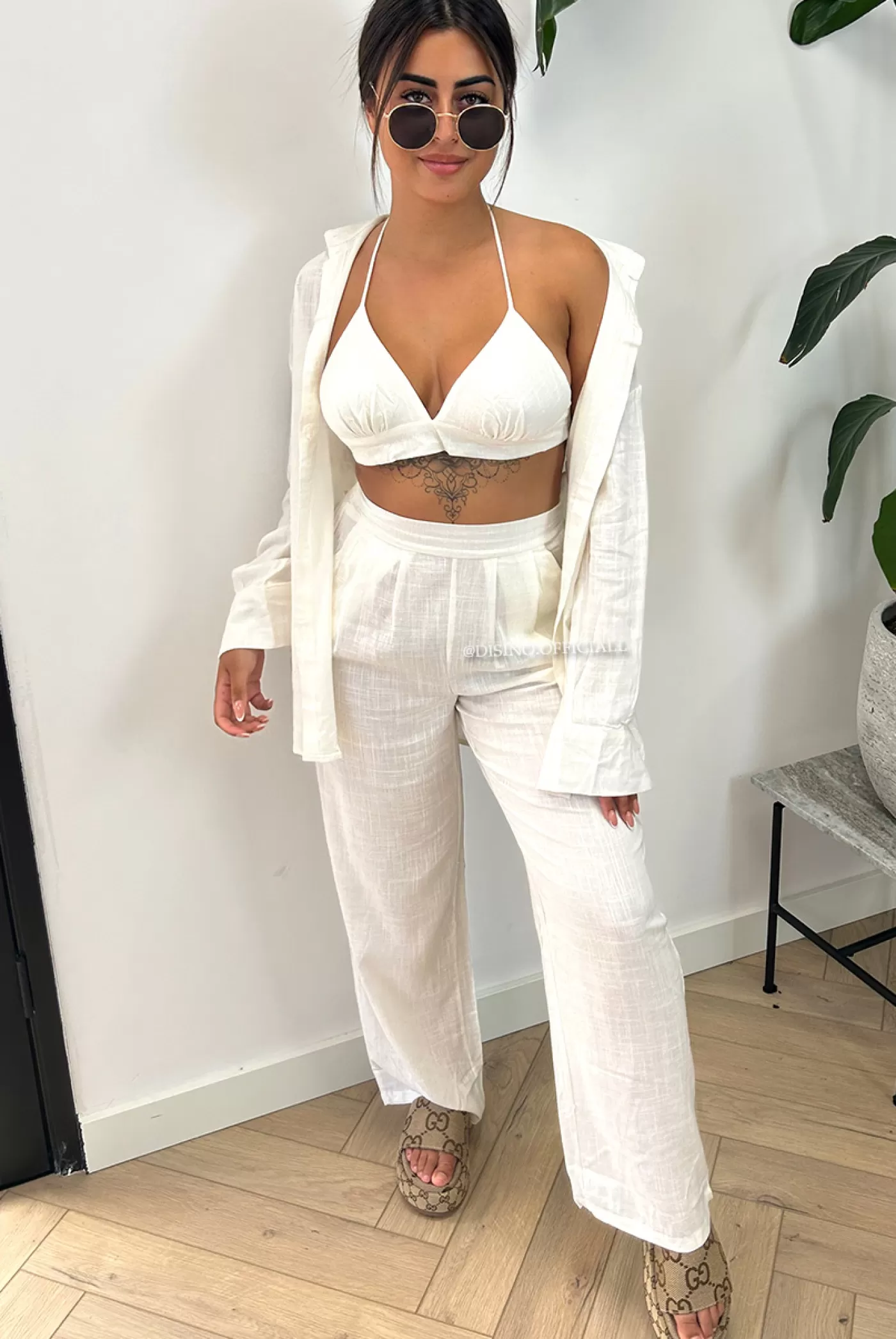 DISINO White - 'Sienna Long' - Linnen 3 Piece Pants + Blouse Set | Vrouw Two Piece Set & Loungewear