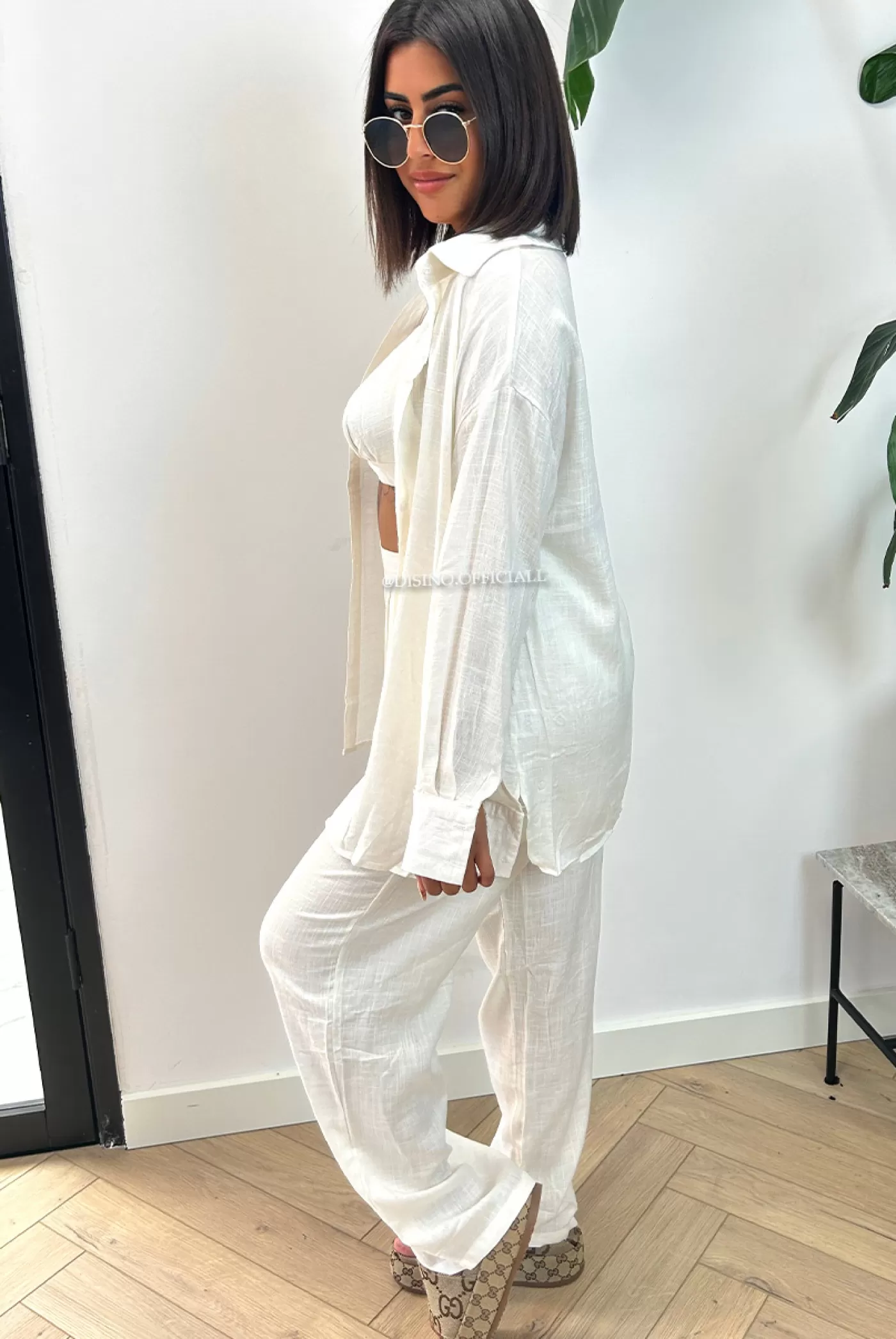 DISINO White - 'Sienna Long' - Linnen 3 Piece Pants + Blouse Set | Vrouw Two Piece Set & Loungewear